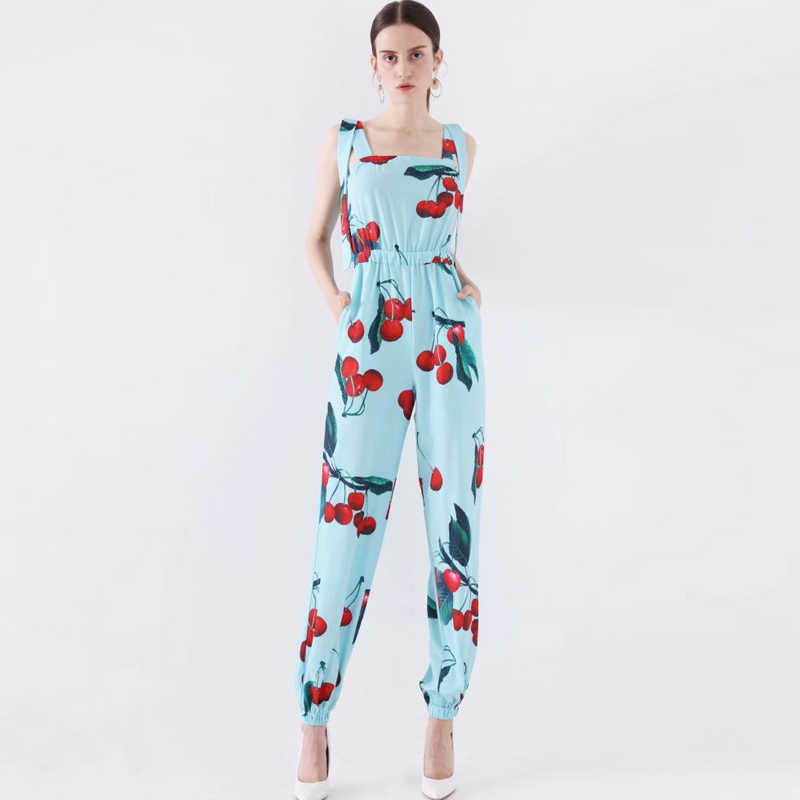 

2020 Women's Runway Designer Jumpsuits Sexy Spaghetti Straps Floral Printed Side Pockets Fashion Summer Rompers Casual Jumpsuits, Black;white