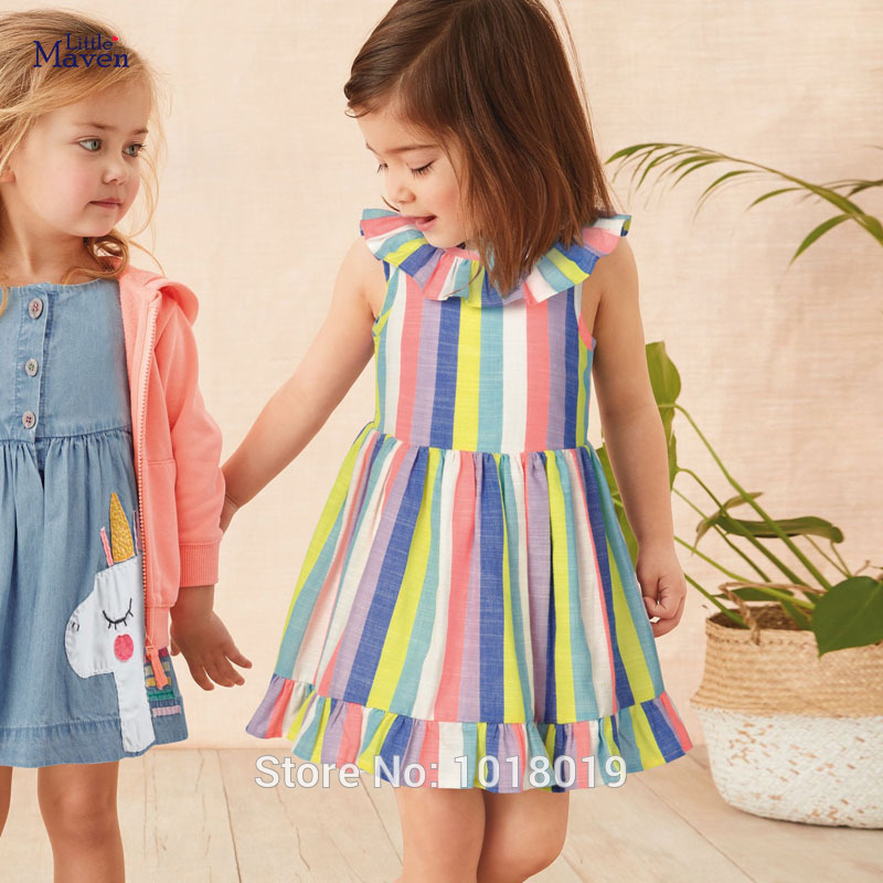 

Turn-down Collar Colorful Stripe One-piece Dress Kids Tops Summer 100% Cotton Children Baby Girl Clothes Dresses for Girls, S0799