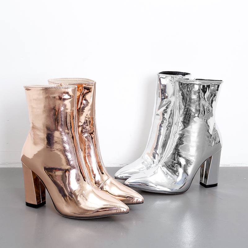 

Women Ankle Boots Roman High Heels Celebrity Wearing Square Heel Booties Fashion Design Ladies Party Leisure Shoes, Silver