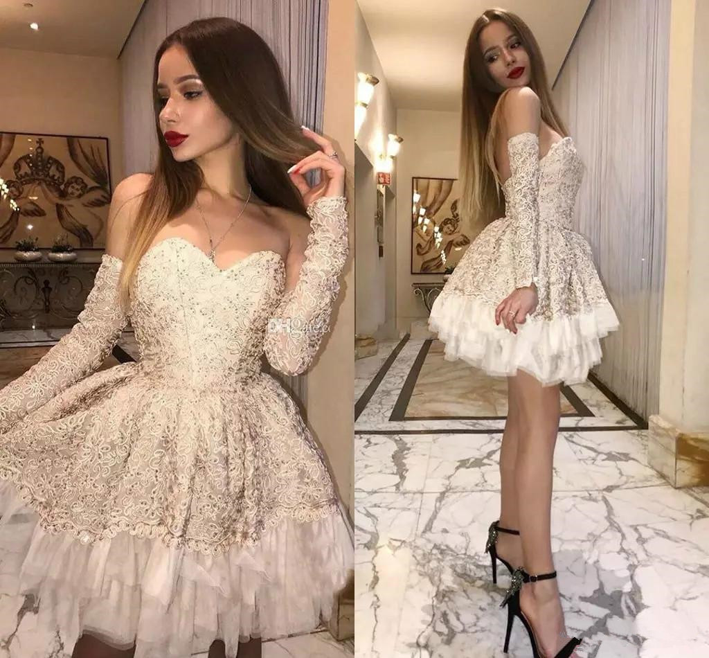 

Little White Dress Short Lace Prom Cocktail Dresses with Detachable Long Sleeve 2020 Sweetheart A-line Occasion Evening Party Gowns, Gold