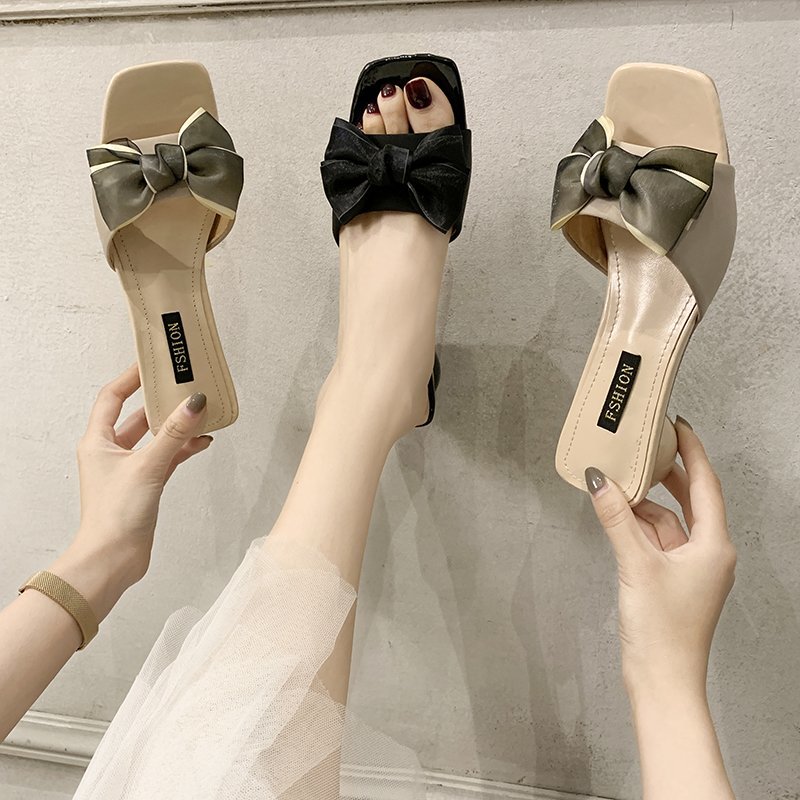 

Round High Heel Slippers Women Shoes Summer Bow Slippers Sweet Open Toe Slides Women Outdoor Chunky Heel Slides Black Beige