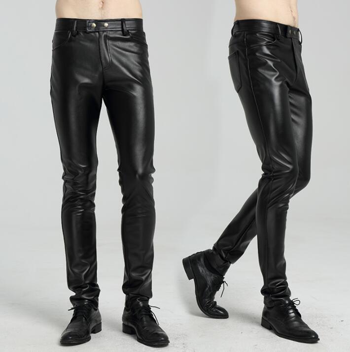 

Spring autumn thin faux leather pants mens feet pants fashion motorcycle tight pu trousers men black pantalon homme