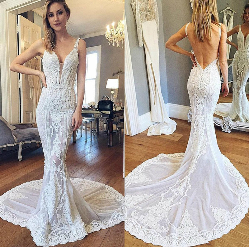 

Pallas Couture Wedding Dresses V Neck Sweep Train Lace Appliqued Sexy Backless Beach Wedding Dress Custom Made Mermaid Gowns Robes De Mariée, Ivory