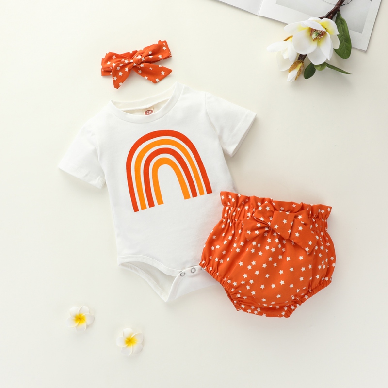 

Bodysuits Short Sleeve Cute Rainbow Jumpsuit+Dot Bow Shorts+Headband Summer Clothing 3pcs Newborn Baby Girls Sets New, Xl3418