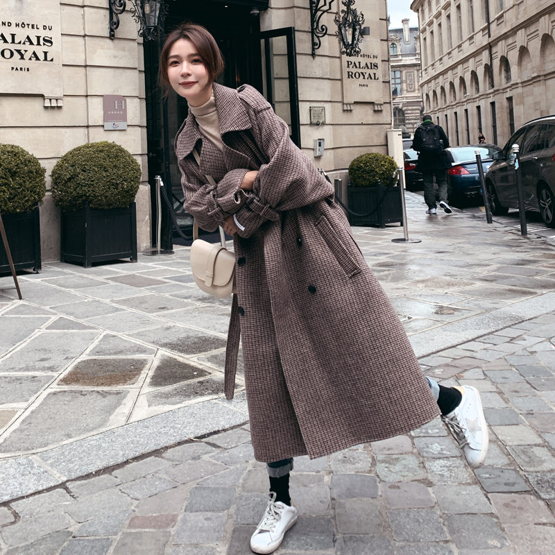 

Retro Belt Woolen Coat Women Plaid Windbreaker Autumn Winter Fashion Casual Loose Korean Jacket Ladies Winter Outwear f1968, Coffee plaid