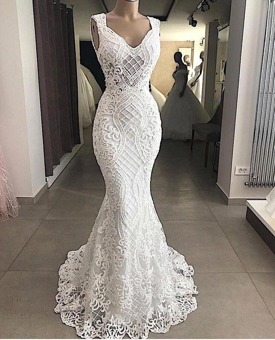 

Delicate Designed Lace Mermaid Wedding Dresses Real Photos 3D Appliques Cap Sleeve Long Bride Wedding Gowns Custom Made BC2893, White