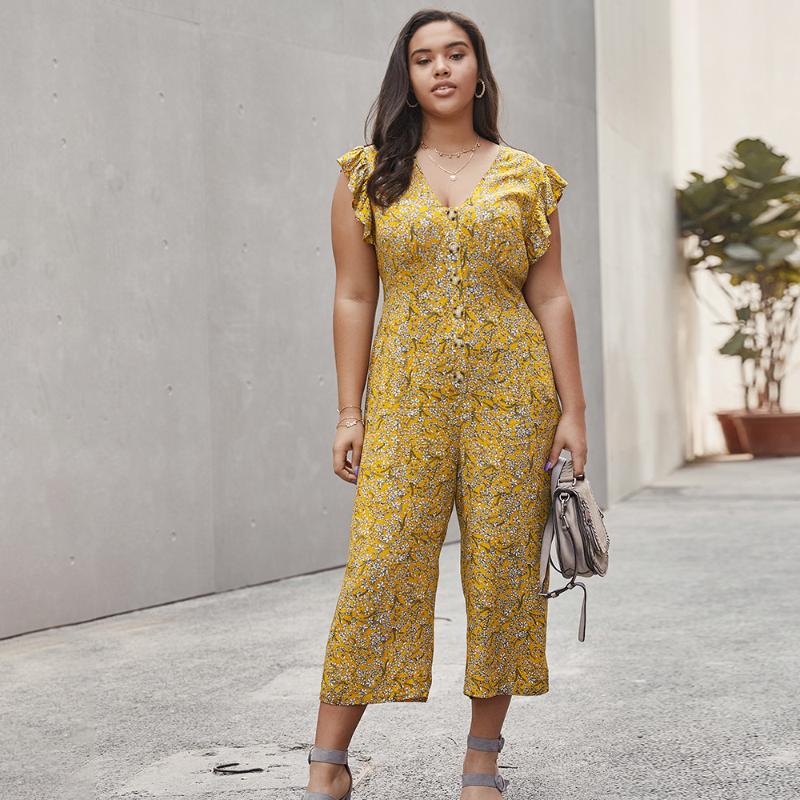 

Office Lady Fashion Yellow Floral Jumpsuit Plus Size V Neck Sexy Fashion Pants Sleeveless Summer Cool Jumpsuits Large Size 4