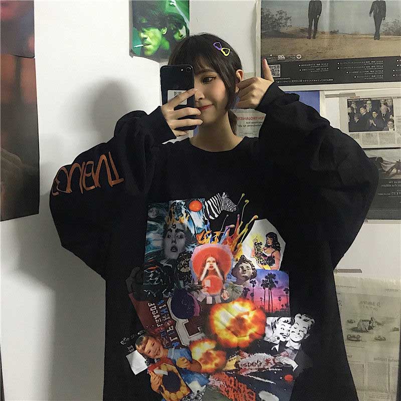 

Harajuku Style Poster Graffiti Print hoodies Autumn streetwear Loose Long Sleeve pullover Thin Sweatshirt women cloth, Black
