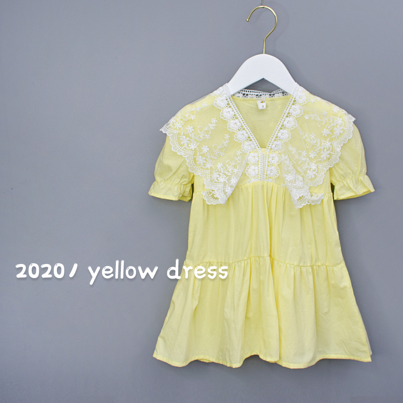 

New Summer Girls Lace Dress Fashion Designed Solid Short Sleeve Children Clothing for Birthday Wedding Party Kids Vestidos, Yellow