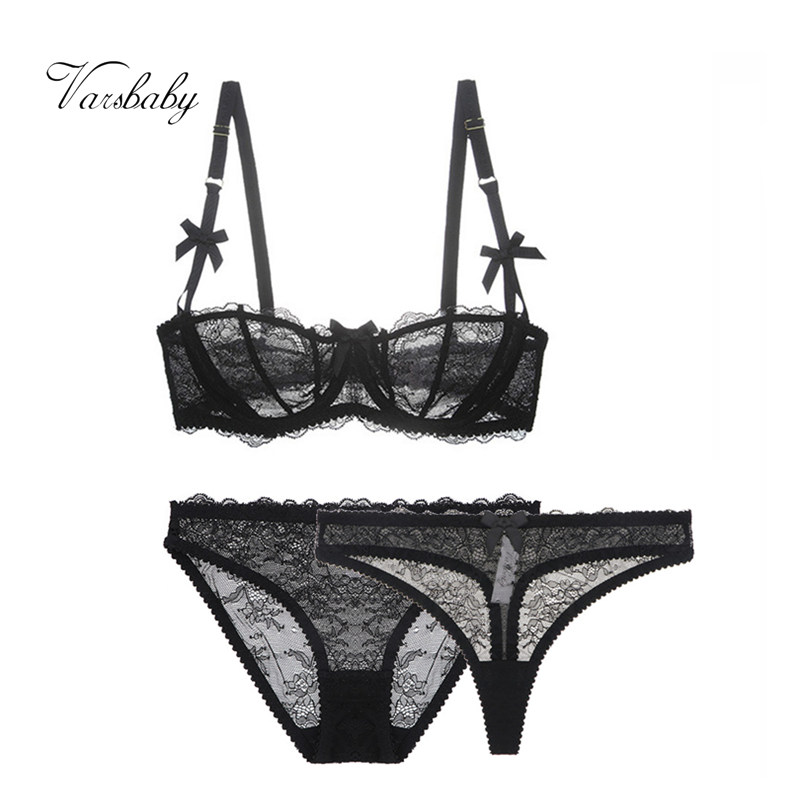 

Varsbaby sexy unlined underwear set half cup transparent 3 pcs bras+panties +thongs bra set for women, Black