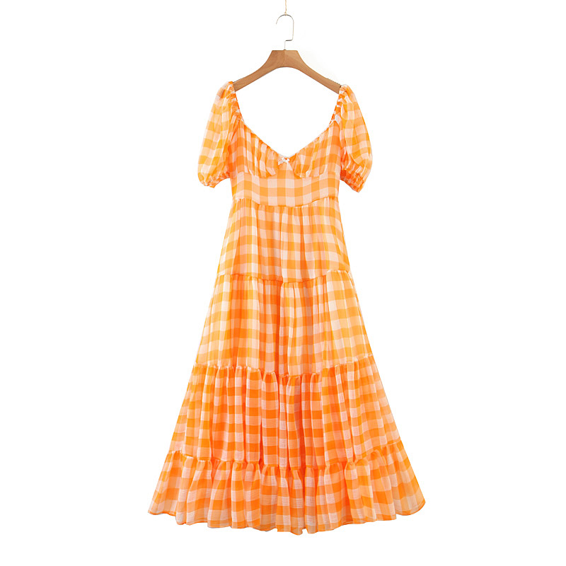 

2020 summer new French square collar plaid bubble sleeve long dress, Gold