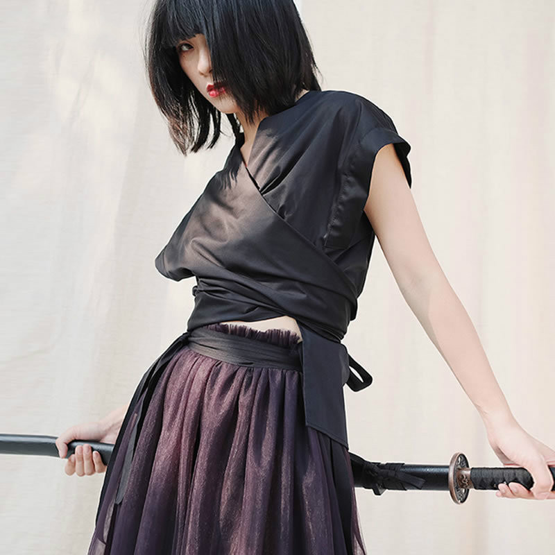 

Loose Style Black Crisscross Sense of Design Short Sleeve High Waist Shirt 2020 Spring Summer New Fashion Women Blouses X4364, Black xj4364