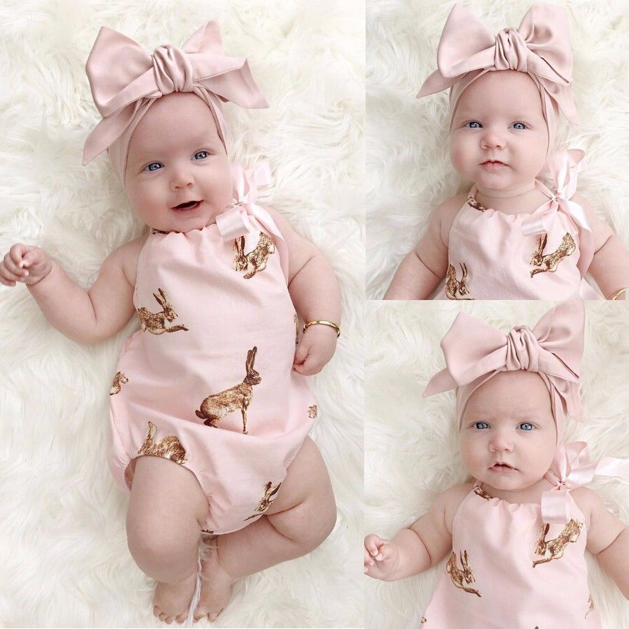 2019 Brand Newborn Baby Girls Bunny Floral Bodysuit Easter New Summer Cute Fly Sleeve Jumpsuit Outfits Sunsuit Cute Rabbit 0-18M-image-470648163