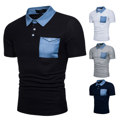 

Men' shirt summer new fashion denim stitching men' lapel short-sleeved shirt slim T-shir P007, Black