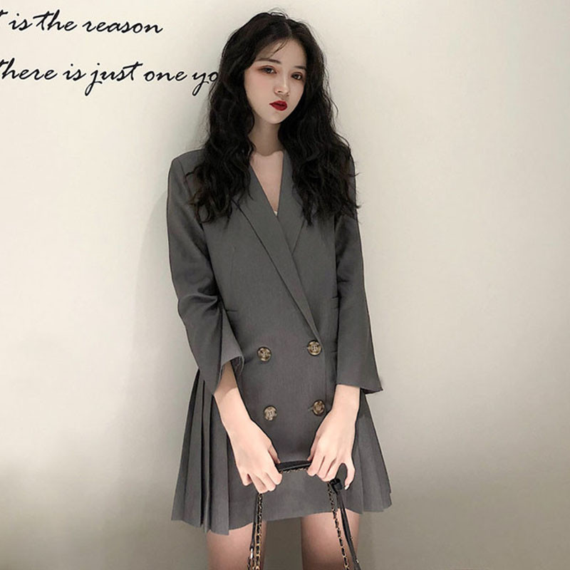 

Fashion Women Retro Black Grey Blazers Fashion Notched Neck Long Coats Double Breasted Chic Blazer Female Elegant Long Jackets