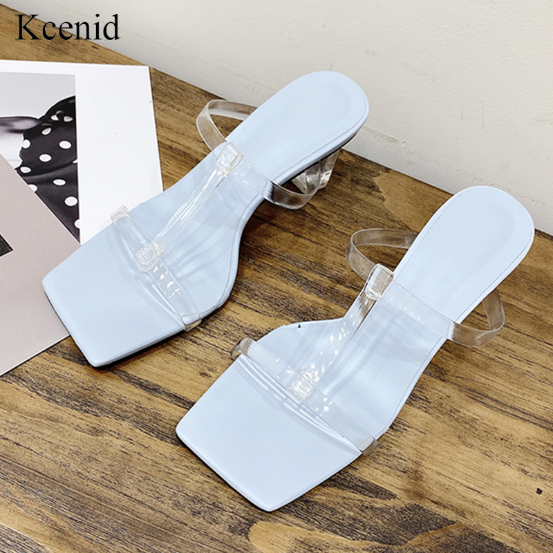 

Kcenid Sexy transparent PVC vintage square toe women slippers summer fashion crystal heel sandals shoes ladies party dress shoes, White
