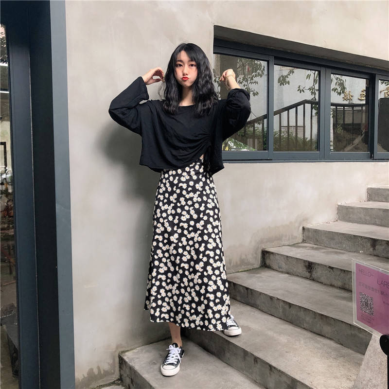 

Long Skirts For Women Slim women skirt Fashion Dasiy Print Skirt Vintage High Waist Midi Skirts Sexy Casual drop shipping, Black