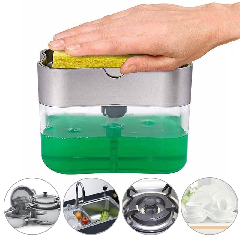 

New Soap Pump Dispenser with Sponge Holder Cleaning Liquid Dispenser Container Manual Press Soap Organizer Kitchen Cleaner Tool