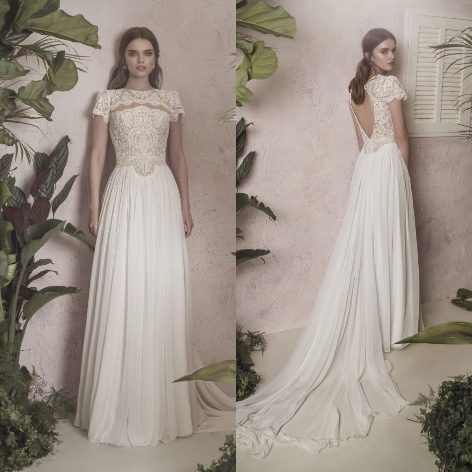 

Fashion Wedding Dresses Capped Sleeves Appliques Lace Chiffon Bridal Gowns Custom Made Backless Sweep Train A-Line Wedding Dress, Same as image