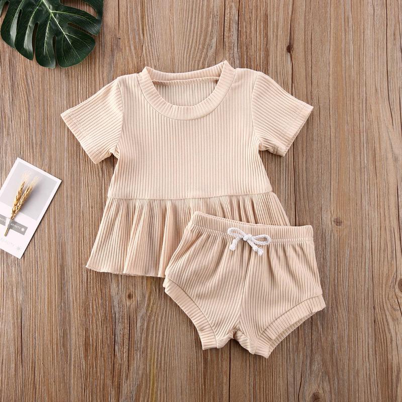 

Summer Toddlers Baby Girls Solid Color Short Sleeve Top Shorts Set Breathable Casual Round Collar Baby Clothing 0-24M, Beige