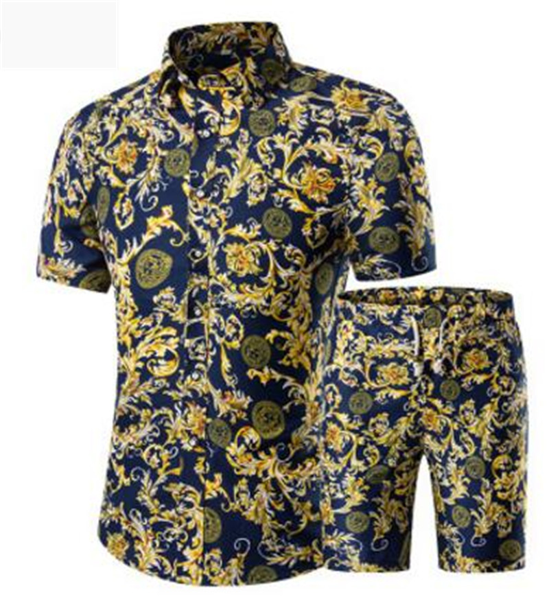 

2019 New Summer Men Shirts+Shorts Set Casual Printed Hawaiian Shirt Luxury designer Homme Short Male Printing Dress Suit Sets Plus Size, Others