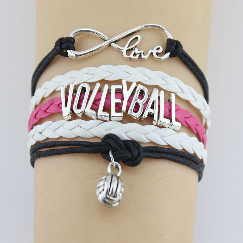 

10PC/lot Silver Infinity Love Volleyball Sports Charms Bracelet Handmade Braid Leather Charm Bracelets for Women Men Jewelry