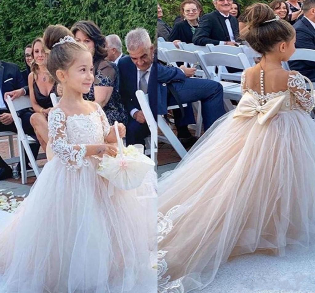 

New Cheap Lovely Champagne Flower Girls Dresses Illusion Lace Appliques Tulle Long Sleeves Button Back Bow Birthday Child Girl Pageant Gowns, Chocolate