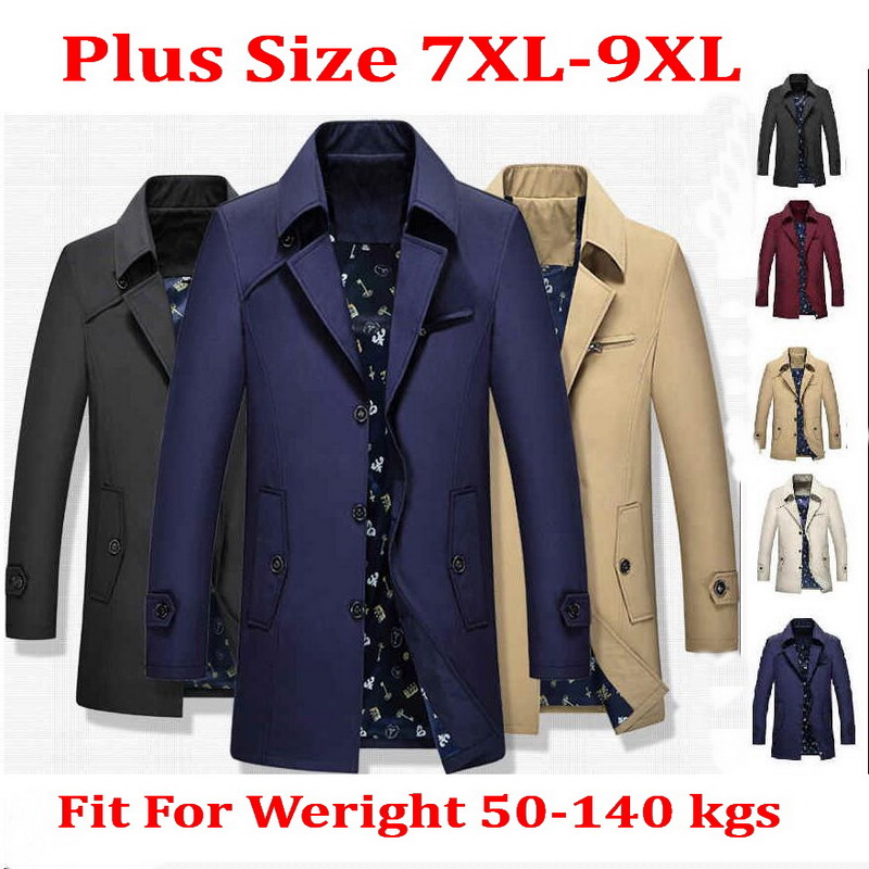 

2020 Men Trench Long Coat Turn-Down Collar Slim Men Single Breasted Medium Long Section Trench Male Windbreaker Size 9XL, Khaki