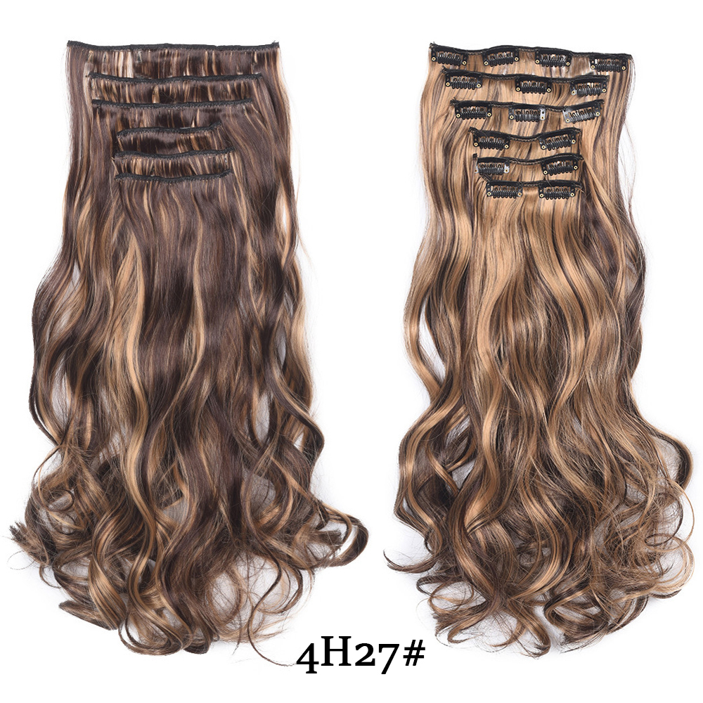 

Natural Thick Long Synthetic Hair Extention Heat Resistant Hairpiece Clip Wavy Curly 20inch Blond Brown 6Pcs/Set