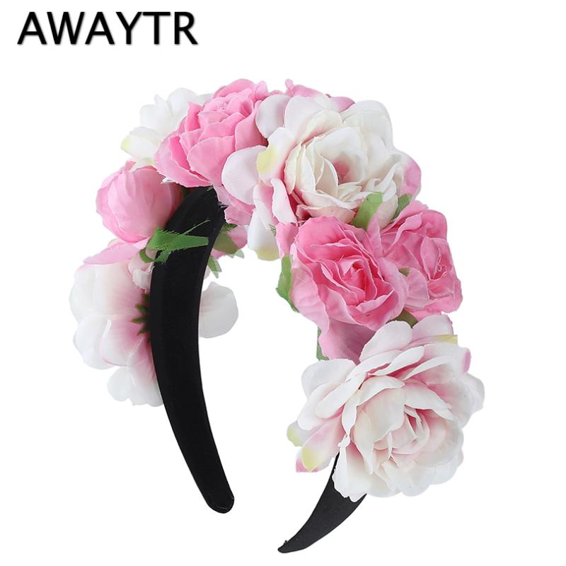 

AWAYTR 2020 New Women Girls Wedding Headband Kids Party Floral Garlands Flower Crown Rose Wreath Hairband Pink Hair Accessories
