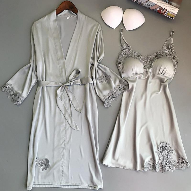 

Female Twinset Robe Set Summer Sleepwear Lace Nightgown Sexy Satin Kimono Bathrobe Bride Bridesmaid Wedding Dressing Gown -xl, Nightgown3