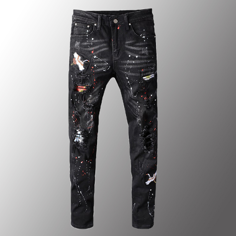 

Mens Luxury Men's Black Bird Embroidered Painted Ripped Jeans Streetwear Holes Patchwork Stretch Denim Pants