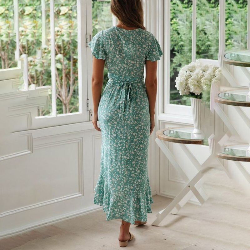 

2019 New Ladies Dress Fashion Sexy V-neck Short Sleeve Print Split Slim Fit Bohemian Beach Maxi Dress, Green