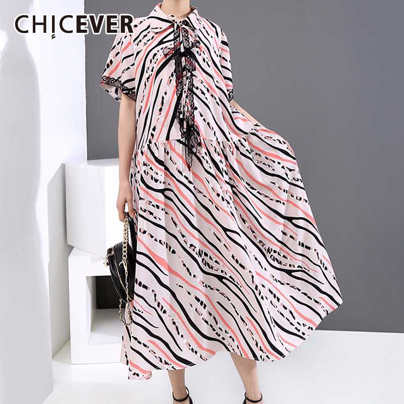 

CHICEVER Lace Print Dress For Women Turn Collar Short Sleeve Casual Loose Oversized Midi Dresses Female Summer Clothes New 2020, Blue