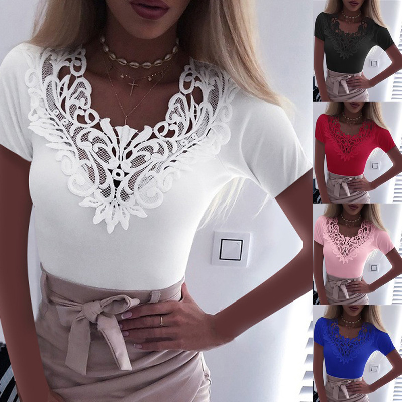 

Plus Size Women Lace Trimmed Sexy V-Neck T Shirts Office Lady Casual Oversized Solid Short Sleeve Regular Fit Tops -5XL, Black