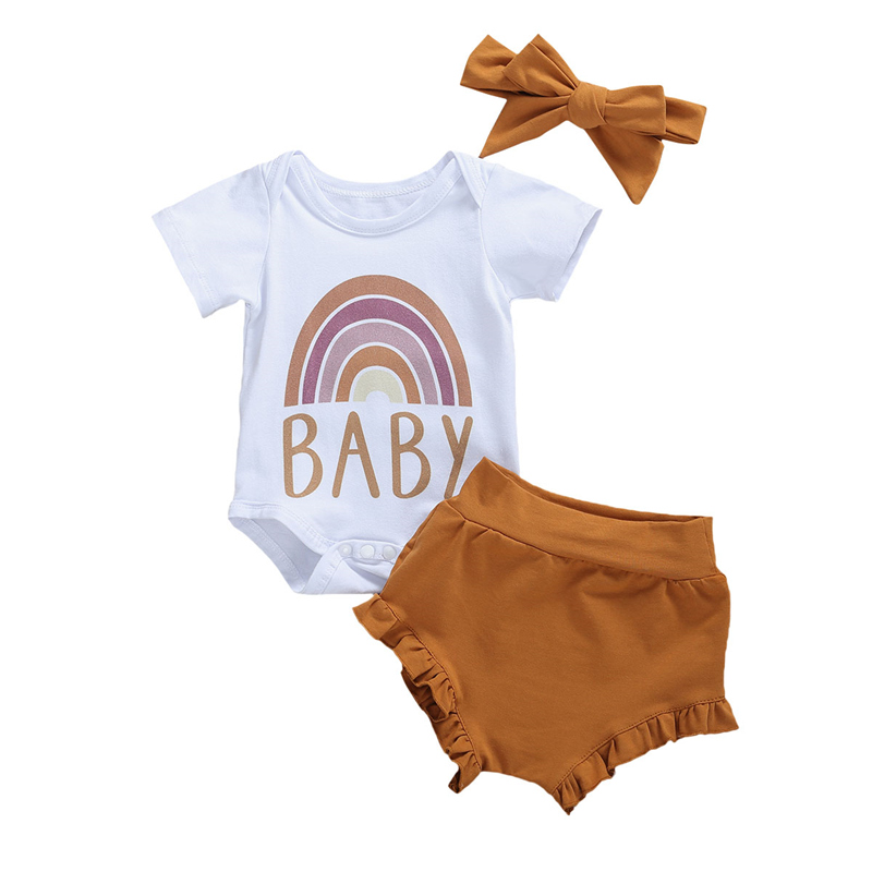 

2020 Newborn Infant Baby Girls Boys Clothes Sets 3pcs Rainbow Print Short Sleeve Romper+Shorts Headband 0-18M, Multi