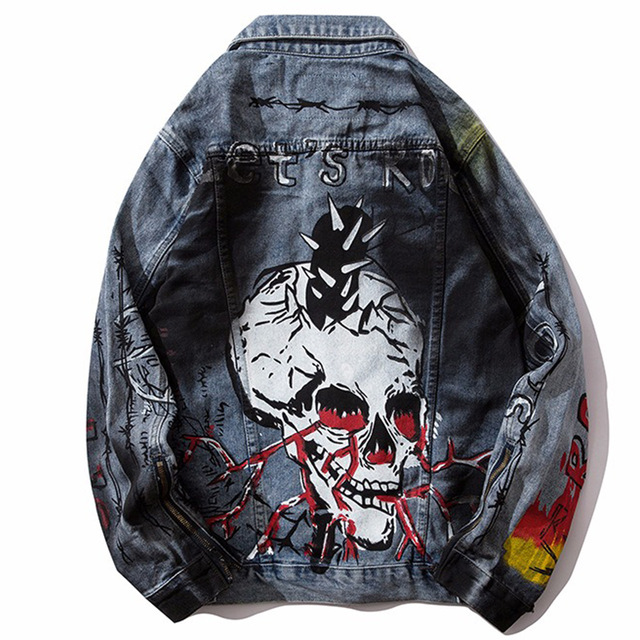 

Graffiti Skull Print Sleeve Zippers Denim Jackets Streetwear Hip Hop Casual Punk Rock Jeans Jacket Men Coat Hipster Vintage Tops, Black;brown