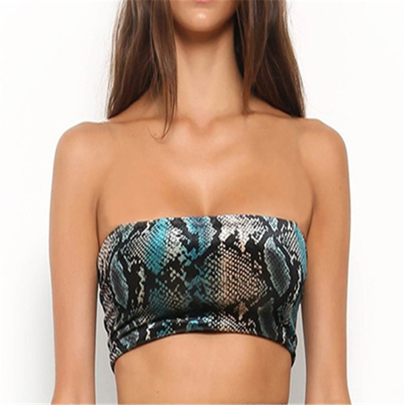 

Sexy Crop Top Women Strapless Boob Tube Ladies Stretch Bandeau Bra Crop Tops 2019 arrival Party Shirt Snake skin Printed, Blue