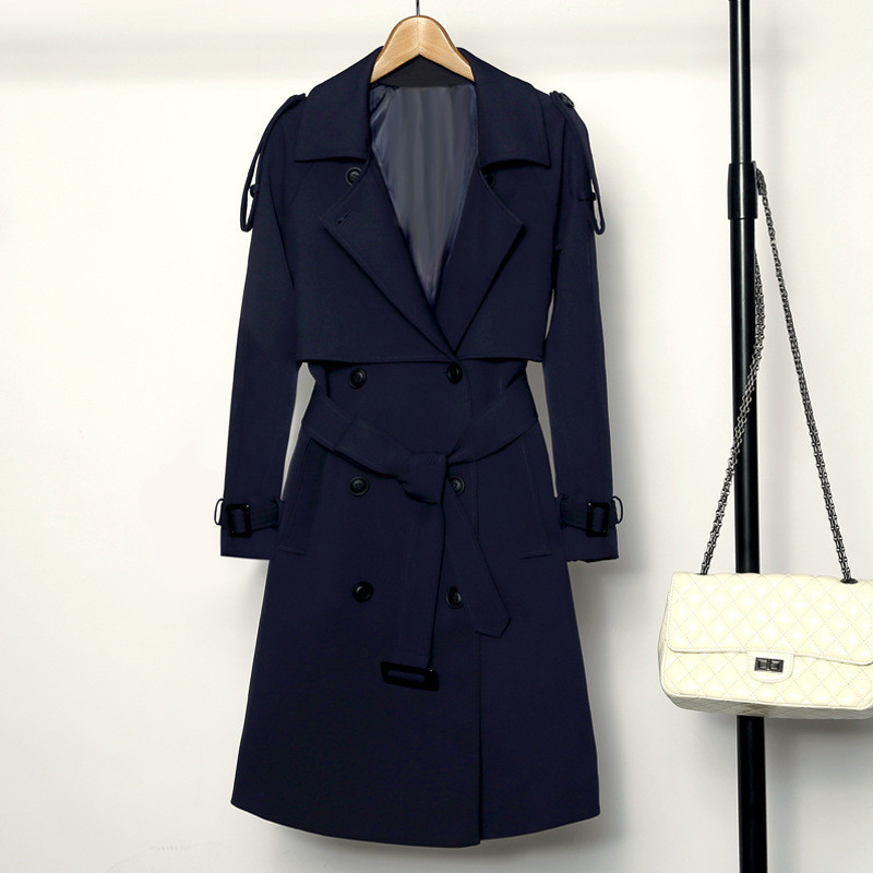 

2020 fashion Spring Autumn Slim Double breasted Women' Long Trench Coat With Belt Lapel Outwear Solid Color Female Clothes g388, Navy