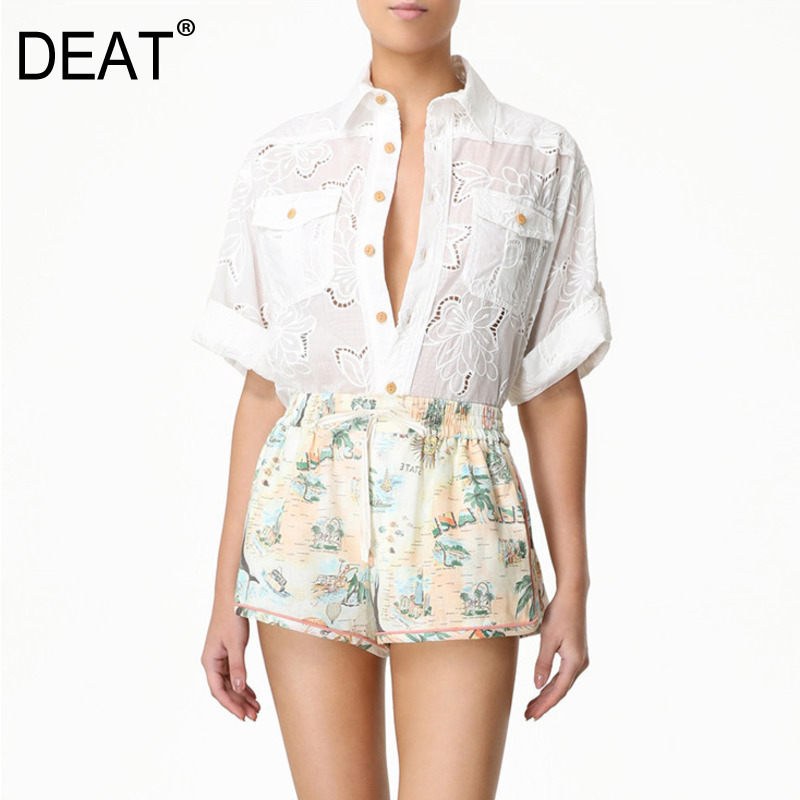 

DEAT 2020 new summer fashion women run way styles turn-down collar short sleeves single breasted lace shirt WL15400L, White coat