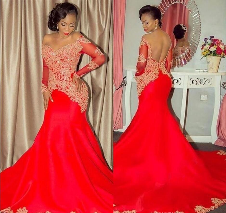

galring Red Prom Dresses backless v neck Long Sleeves Mermaid Off the Shoulder Gold Lace Appliques Evening Dress Formal Arabic Party Gowns, Blue