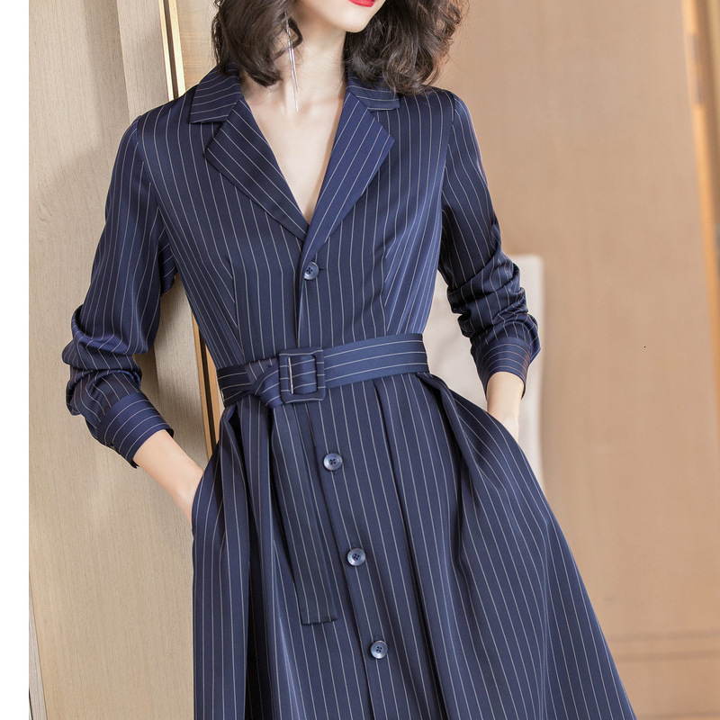 

New Elegant Spring Autumn Blazer Dress Women Striped Long Sleeve Office Ladies Work Knee Length Midi Dresses Female With Belt, Navy blue