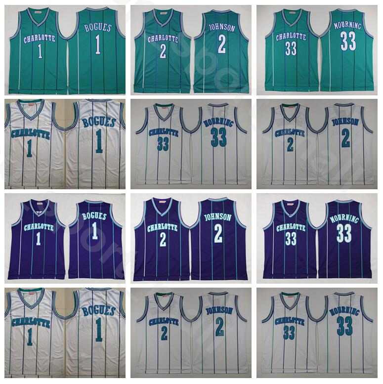 

Men Basketball Alonzo Mourning Jersey Tyrone Muggsy Bogues Larry Johnson Vintage All Stitched Purple Green White Home Uniform High Quality, 1 purple