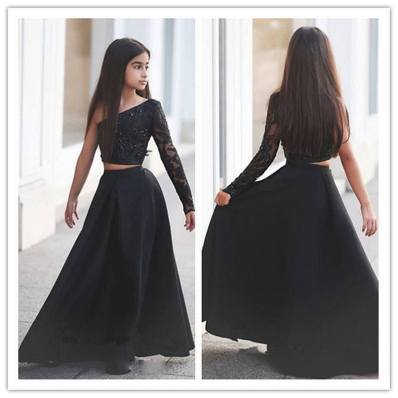 Arabic Said Mhamad Black One Shoulder Long Sleeve Kids Prom Dresses A Line Two Piece Beaded Flower Girls Dresses