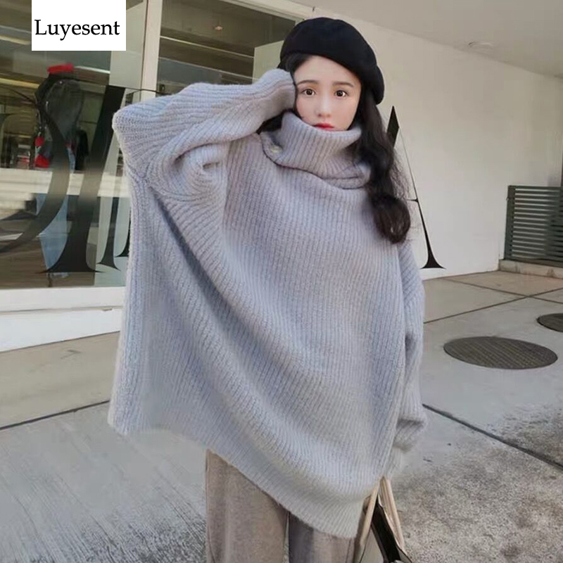 

Turtleneck Thick Women Pullover Long Sweater 2019 Lady Solid Color Oversize Loose Knit Top Autumn Vintage Warm Pull Long Jumper, Beige