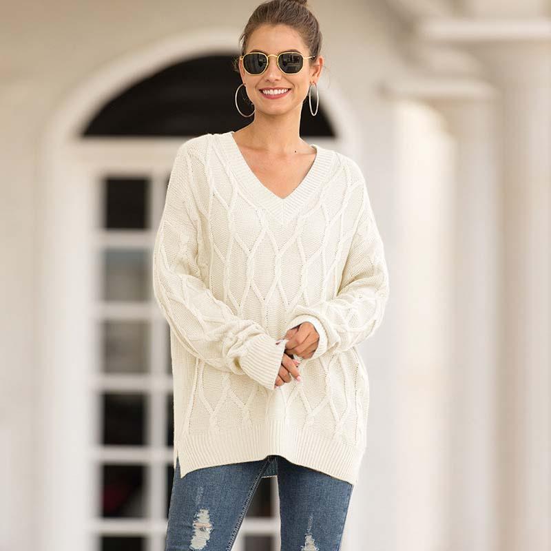 

Sexy V Neck Sweater Jumper Women 2020 Autumn Thick Off Shoulder Sweater Knitted Long Sleeve Loose Jumper Ladies Knitwear, Black