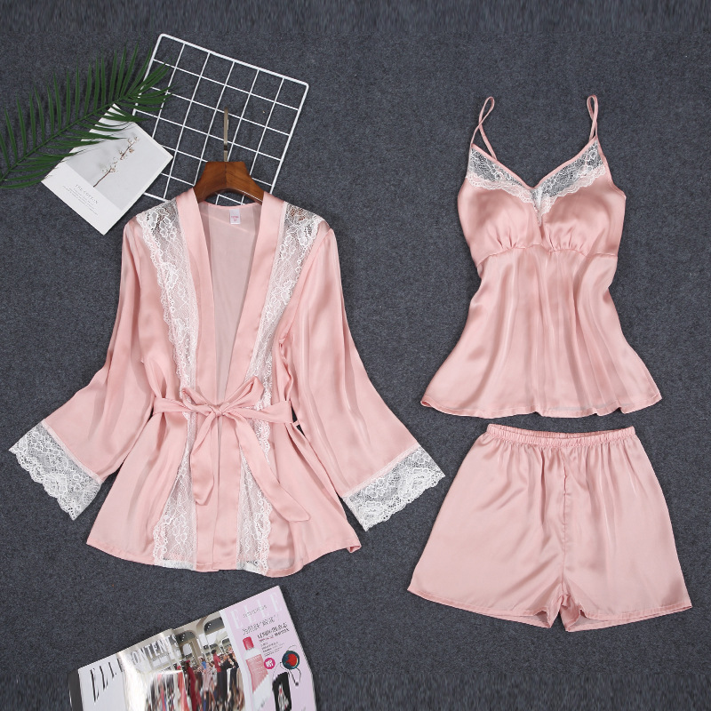 

Pink Lace Satin 3PCS Robe Set Pajamas Suit Silky Kimono Bathrobe Gown Strap Top&Shorts Intimate Lingerie Casual Homewear