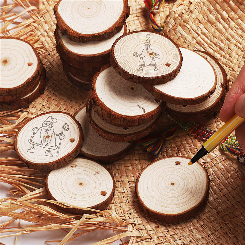 

50PCS Christmas Ornaments Wood DIY Small Wood Discs Circles Painting Round Pine Slices w/ Hole n Jutes Party Supplies 6CM-7 CM