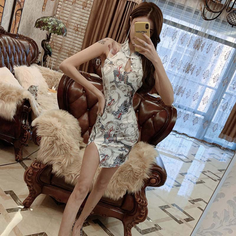 

Cheongsam Lingerie Women Mini Qipao Hollow Out Split Print Flower Elegant China Gown Package Buttocks Nightclub Chinese Dress