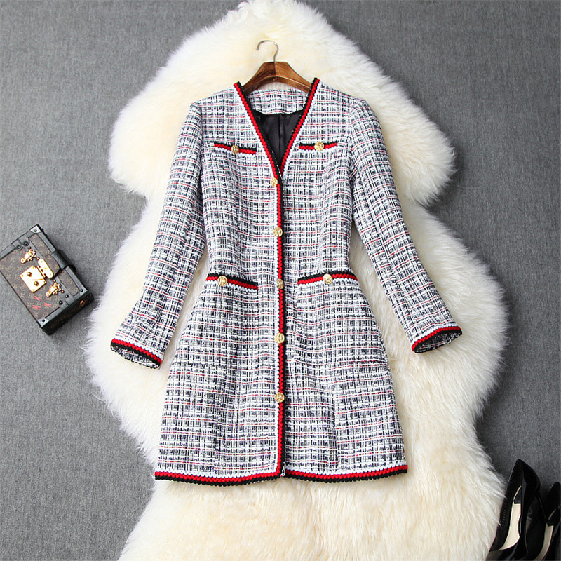 

2019 Fashion Winter Jacket Women Runway Fashion Full Sleeve V Neck Plaid Tweed Woolen Jackets and Coats Vintage Casual Outerwear, As pictures